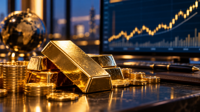 سبائك ذهب وشاشة أسواق توضح ارتفاع سعر الذهب