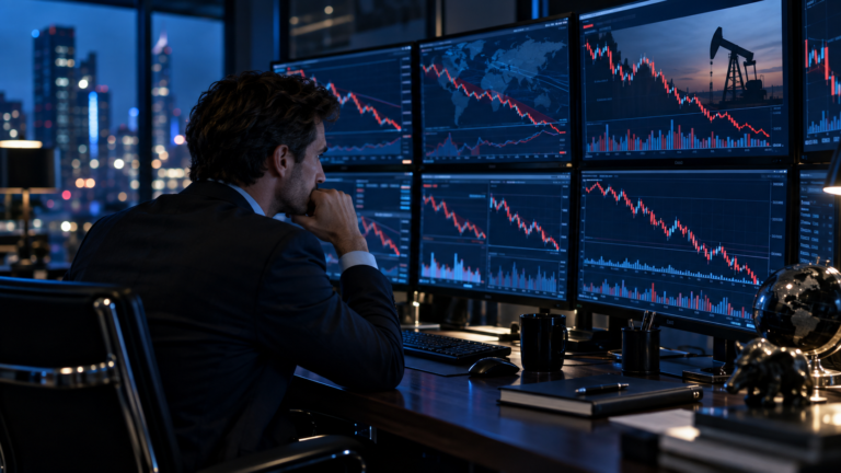 متداول سلع يتابع حركة أسعار النفط على عدة شاشات