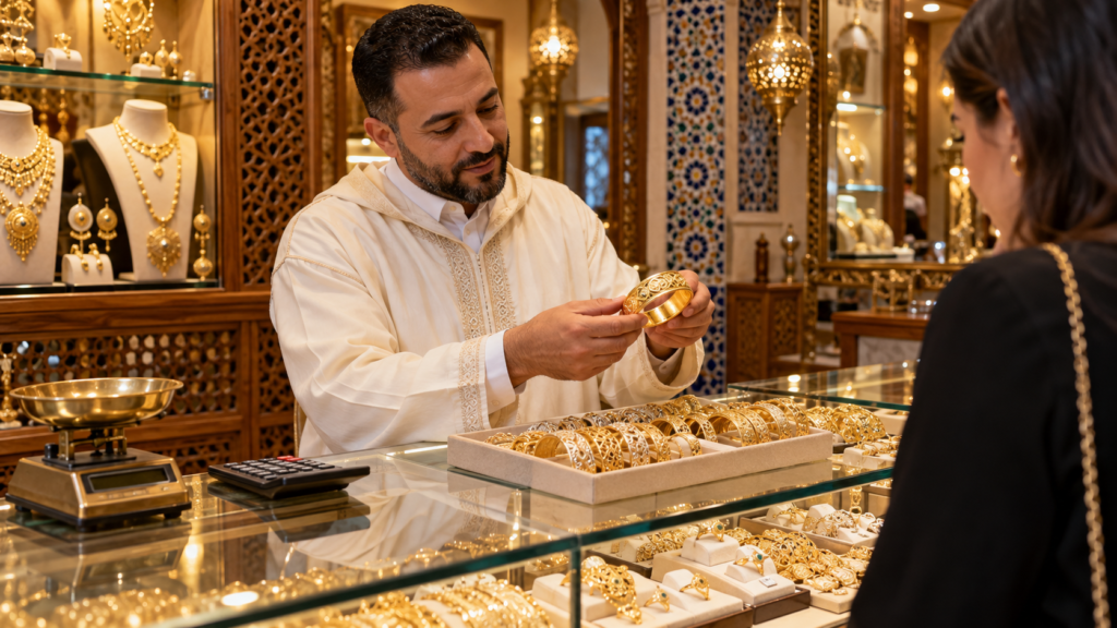 محل ذهب مغربي يعرض قطع ذهب داخل واجهة نظيفة