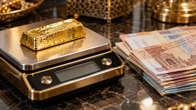 ميزان ذهب دقيق بجوار أوراق نقدية مغربية