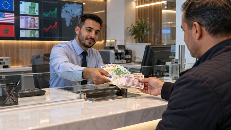 موظف صرف يسلم عميلًا أوراق يورو ودرهم داخل مكتب صرف