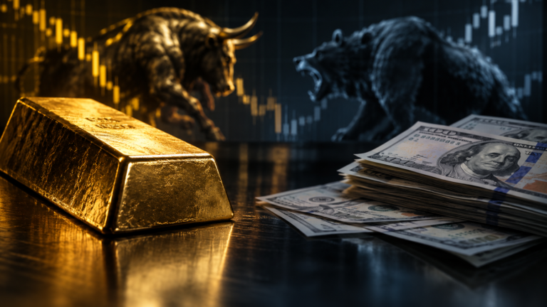 سبائك ذهب وأوراق دولار في مشهد مالي يوضح قوة العملة الأمريكية