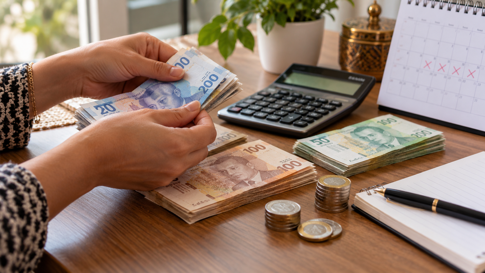أوراق درهم وآلة حاسبة وتقويم لمقارنة مدة الادخار والعائد